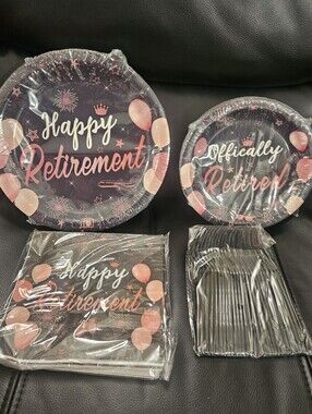 Happy Retirement Party Plates & Napkins Set - Rose Accents 96 Pcs NEW